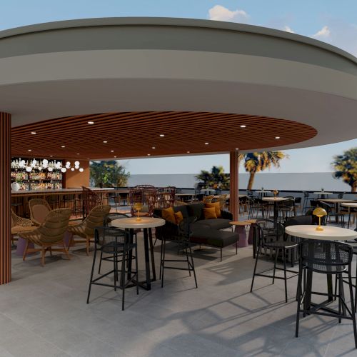 A retro-style outdoor cafe with round tables and chairs under a curved roof, warm lighting, and a few people seated.