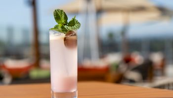 A tall glass of pink cocktail with a mint garnish and a mint leaf, ice, and a lime slice on a sunny outdoor patio backdrop.